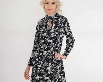 70s Floral Dress Black Mini Dress 60s Long Sleeve Shift Keyhole Mock Neck White Flower Print Retro Mod Hippie Minidress Vintage 1970s Medium