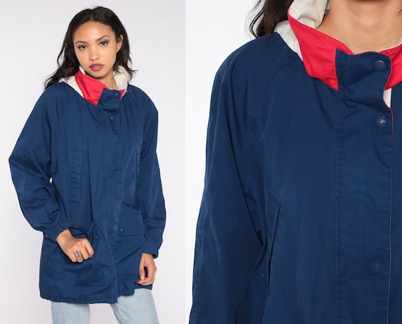 Navy Windbreaker Jacket 90s Funnel Neck Jacket Blue Plain Lightweight Vintage 1990s Windbreaker Raglan Sleeve Men's Large L