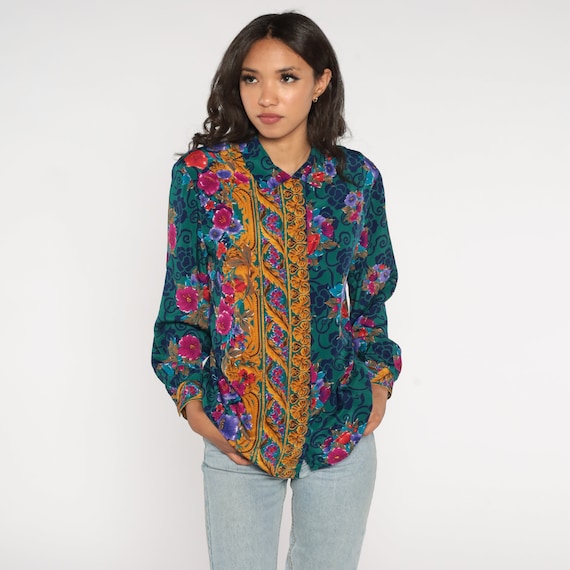 Baroque Floral Shirt 90s Green Button up Blouse Blouse Retro Boho Top Long Sleeve Flower Print Formal Party Top Vintage 1990s Rayon Medium M