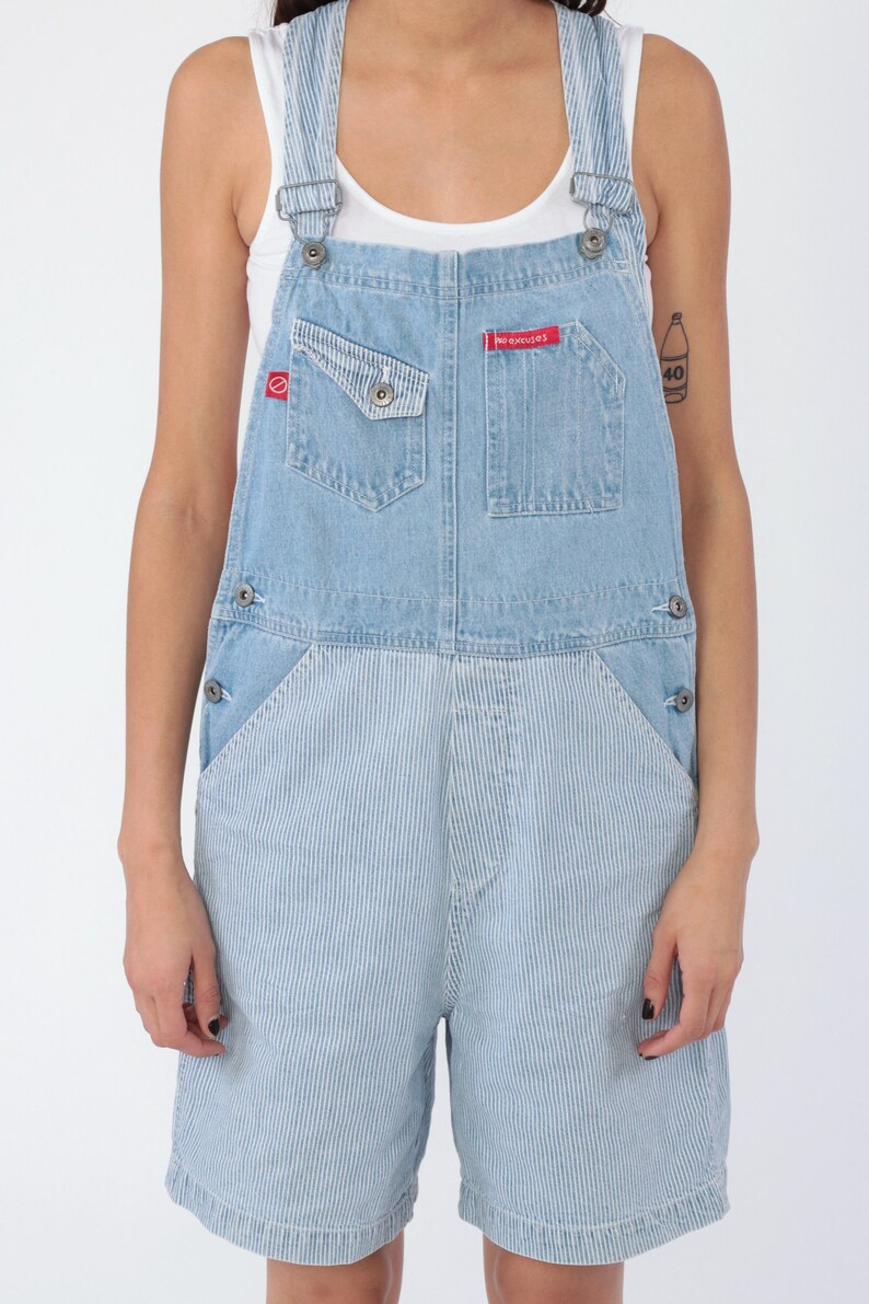 blue and white striped overalls shorts