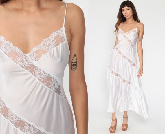 White Lingerie Nightgown Slip Dress 80s Sheer Brid