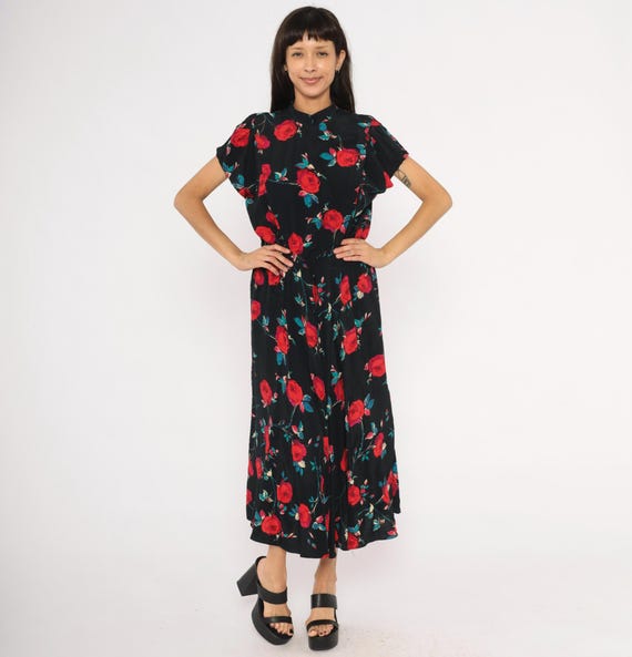 90s Red Rose Print Midi Dress Black Floral Mandarin Collar Puff Sleeve Skirt Dark Cottagecore Prairie Garden Party Vintage Womens Large L