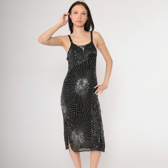 Vintage Black Beaded Silk Dress 90s Metallic Silver Starburst Party Formal Midi Retro Glam Sleeveless Sheath Cocktail Sparkly 1990s Medium M