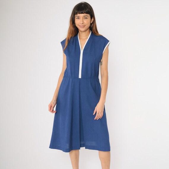 70s Midi Dress Blue Cap Sleeve Dress White Piping Trim 1970s Pleated High Waist V Neck Secretary Retro Vintage Medium M