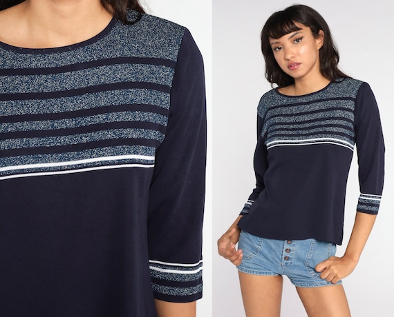 Metallic Sweater Top Blue Knit Blouse 90s Sparkly Glam Shirt 90s Party Vintage Long sleeve 1990s Large L