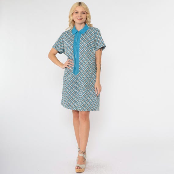 70s Plaid Shift Dress Mod Mini Dress Blue Brown Checkered 1970s Vintage Front Zip Day House Dress Short Sleeve Minidress Extra Large xl