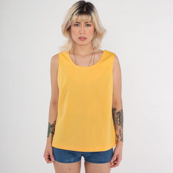 Vintage 70s Tank Top Yellow Mod Plain Sleeveless Top Retro Shirt Polyester 1970s Hipster Simple Basic Scoop Neck Top Medium