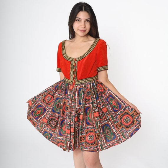 Velvet Mini Dress 60s Mod Party Psychedelic Dress Metallic Gold Orange Boho Hippie Vintage 1960s Cocktail Bohemian Empire Waist Small