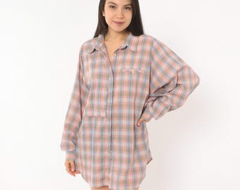 90s Plaid Button Front Shirt Blue Cotton Relaxed Fit Long Sleeve Collar Pocket Flannel Blouse Pastel Grunge Grandpa Vintage Plus Size 1X