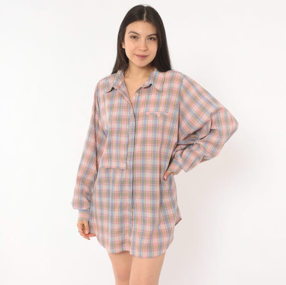 90s Plaid Button Front Shirt Blue Cotton Relaxed Fit Long Sleeve Collar Pocket Flannel Blouse Pastel Grunge Grandpa Vintage Plus Size 1X