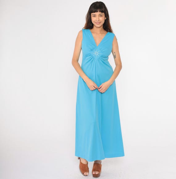Vintage 70s Blue Gown Party Dress Rhinestone Beaded Grecian Disco V Neck Maxi Dress Empire Waist Sleeveless Glam Retro Cocktail 1970s Medium
