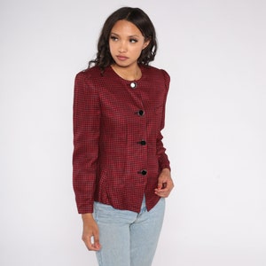 Red Houndstooth Blazer 80s Puff Sleeve Checkered Jacket Button Up 1980s Tartan Jacket Vintage Tailored Preppy Office Black Medium 8