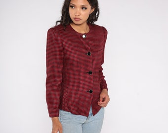 Red Houndstooth Blazer 80s Puff Sleeve Checkered Jacket Button Up 1980s Tartan Jacket Vintage Tailored Preppy Office Black Medium 8