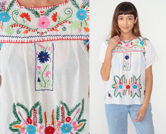White Floral Blouse 90s Mexican Embroidered Top P… - image 1