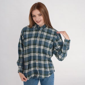 Vintage Blue Flannel Shirt 90s Plaid Button up Shirt Grunge Lumberjack Long Sleeve Boyfriend Green White Checkered Print 1990s Mens Small S