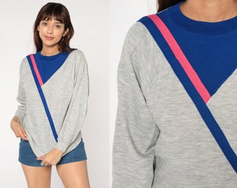 Striped Sweatshirt 80s Grey Colorblock Crewneck Retro Color Block Pullover Raglan Sleeve Blue Pink Hipster Vintage 1980s Small Medium