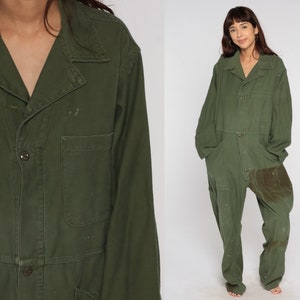 Army Coveralls 80s Distressed Flight Suit Military Jumpsuit Button Up Onesie Long Sleeve Boiler Suit Olive Green Vintage 1980s Mens Large image 1