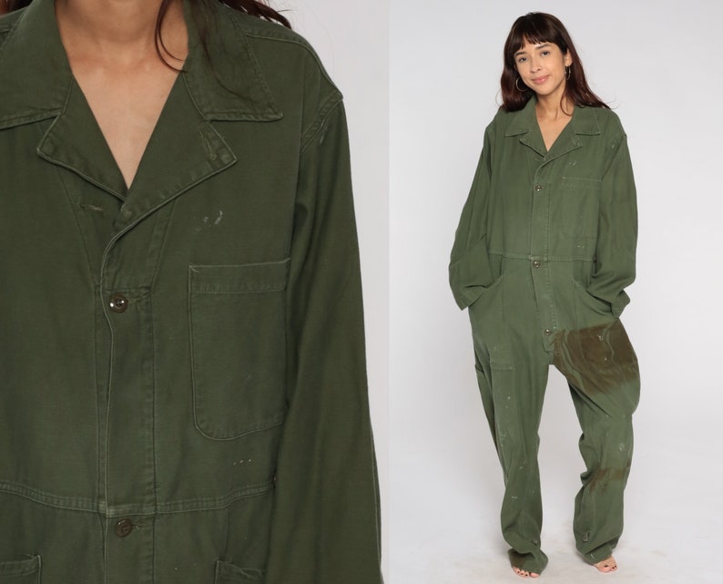 Army Coveralls 80s Distressed Flight Suit Military Jumpsuit Button Up Onesie Long Sleeve Boiler Suit Olive Green Vintage 1980s Mens Large image 1