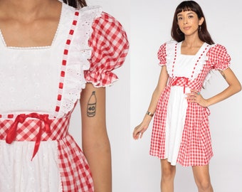 Babydoll Mini Dress Red Gingham Dress Eyelet Lace Dress Puff Sleeve Mod 70s Prairie Plaid Checkered Vintage Cottagecore Extra Small xs