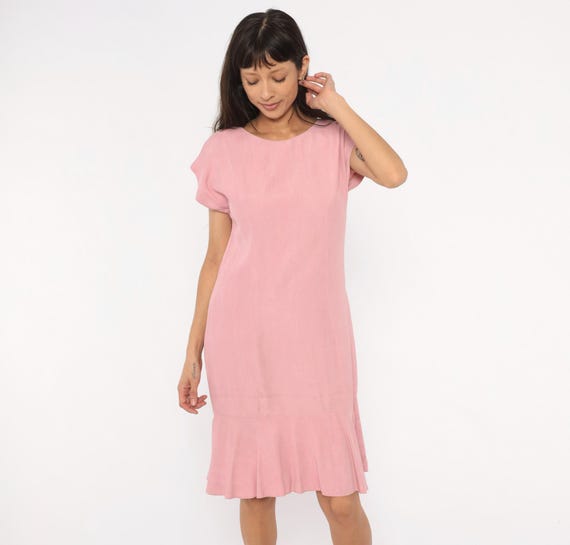 Dusty Rose Drop Waist Dress 80s Cap Sleeve Scoop Neck Knee Length Flounce Hem Pink Blush Feminine Shift Frock Back Zipper Vintage Small S