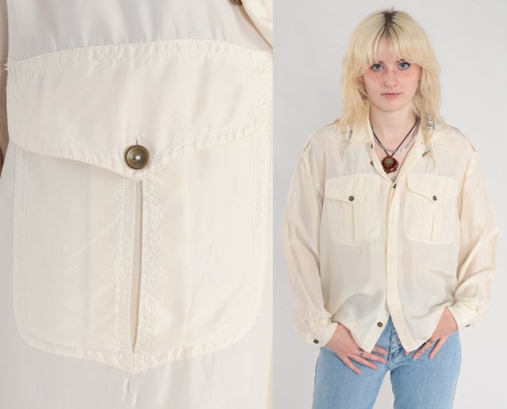Cream Silk Blouse 90s Semi-Sheer Hidden Button Up Top Retro Long Sleeve Shirt Basic Chest Pocket Simple Plain Vintage 1990s Lizwear Medium M