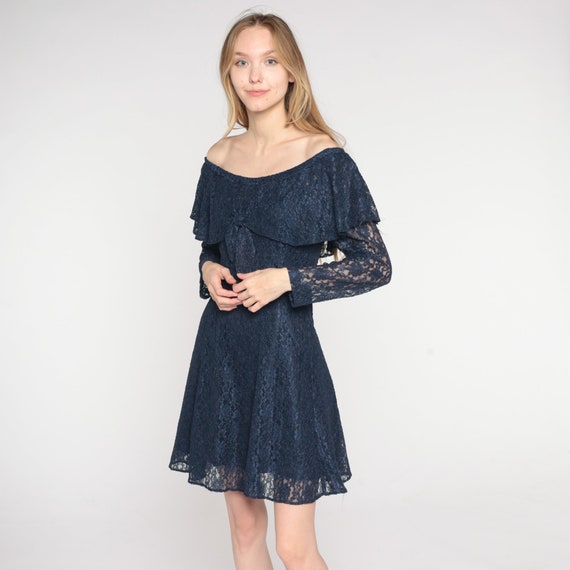 Vintage Navy Blue Lace Dress 90s Mini Party Dress Off Shoulder Ruffle Neckline Retro Boho Grunge Prom Long Sleeve Flared Skirt 1990s Small S