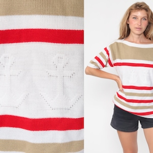 Bluza z dzianiny w paski z motywem kotwicy z lat 80., z krótkim rękawem, w stylu marynarskim, w kolorze białym, w kolorze czerwonym, w stylu retro, w paski, z dekoltem w łódkę, duża