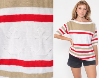 Anchor Sweater Top 80s Knit Shirt Striped Nautical Short Sleeve Sweater Yacht White Red Sailor Retro Striped Boatneck Large