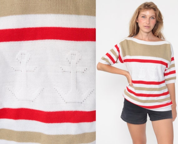 Anchor Sweater Top 80s Knit Shirt Striped Nautical Short Sleeve Sweater Yacht White Red Sailor Retro Striped Boatneck Large