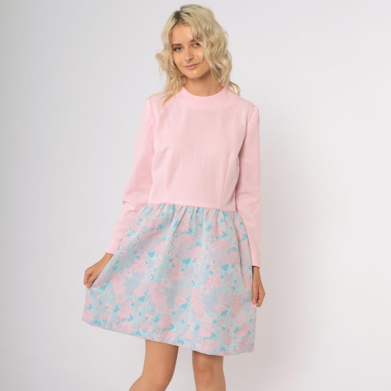 70s Pink Aqua Floral Mini Dress Long Sleeve Mock Neck A Line Short Dress Two Tone Scooter Pastel Party Spring Evening Twiggy Outfit Large L