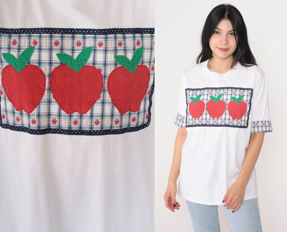Apple T-Shirt 90s Quilted Shirt Plaid Patchwork Quilt Graphic Tee Cuffed Sleeve TShirt Retro Grannycore White Vintage 1990s Jerzees Large L