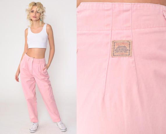 90s Pink Pleated Trousers High Waisted Pants 1990s Tapered Straight Leg Vintage Summer Cotton Small 4