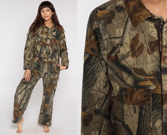 Mossy Oak Camo Coveralls 80s Hunting Outfit Army Jumpsuit Military Camouflage Boiler Suit 1980s Vintage Long Sleeve Green Extra Small XS