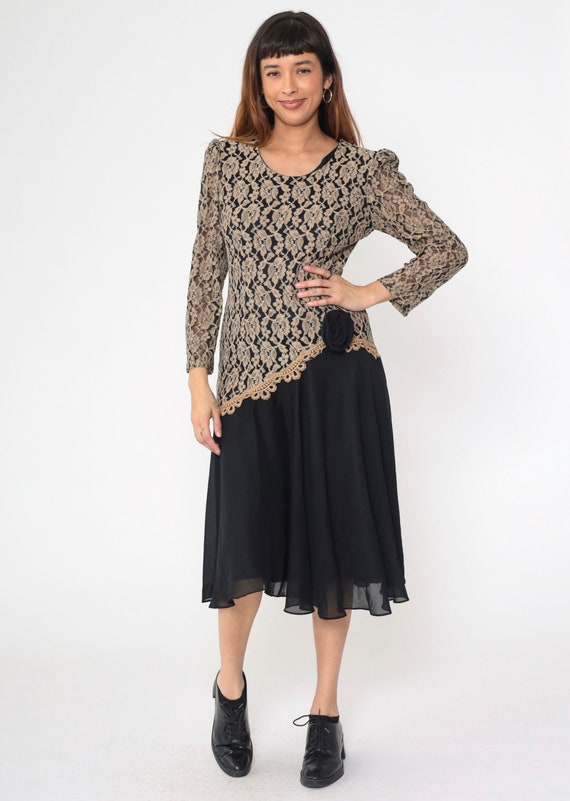 80s Party Dress Black Tan Lace Chiffon Dress Midi Prom Long Sheer Puff Sleeve 1980s Formal Dress Asymmetrical Drop Waist Vintage Medium