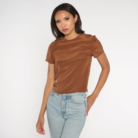 Shiny Brown Top 80s Blouse Short Sleeve Shirt Basic Simple Minimalist Streetwear Casual Summer Solid Neutral Earth Tone Vintage 1980s Small
