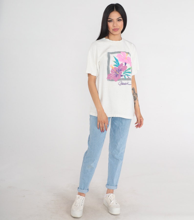 Hawaii T-shirt 90-tals Hawaiiansk Hibiskusblomma Tropisk Blommig Grafisk T-shirt Surfer Tourist T-shirt Enkelsöm Vit Vintage 1990-tals Stor bild 3