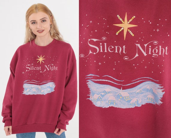 Silent Night Sweatshirt 90s Christmas Sweater Snowy Winter Town Graphic Shirt Rhinestone Star Holiday Magenta Red Vintage 1990s Jerzees XL