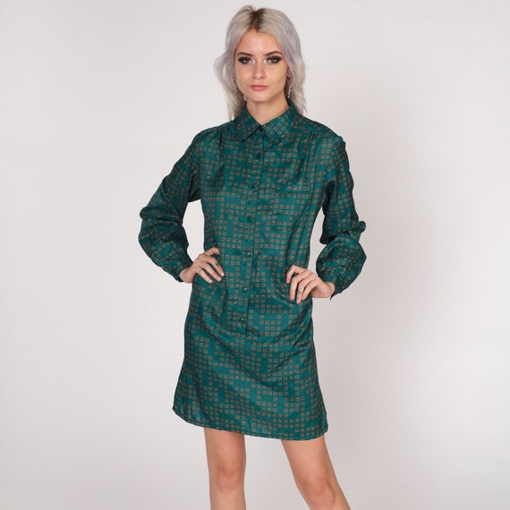 Checkered Mini Dress 80s Green Button Up Shirtdress Retro Secretary Geometric Square Print Long Sleeve Collared Shift Vintage 1980s Medium M