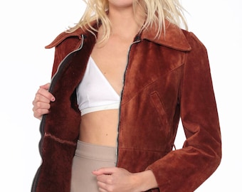 Brown Suede Jacket 70s Leather Jacket Bohemian Sienna Brown Coat FAUX FUR LINED Boho Hippie Fitted 1970s Vintage Hipster Extra Small xs