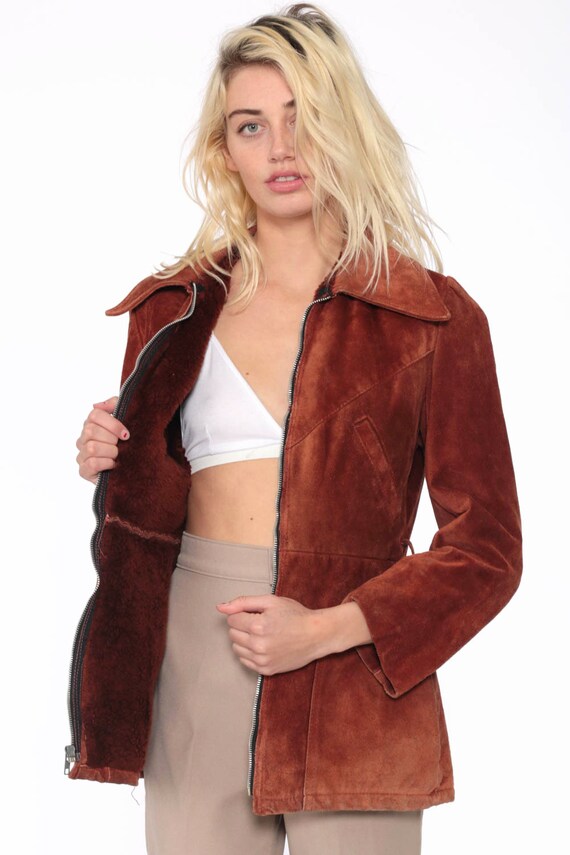 Brown Suede Jacket 70s Leather Jacket Bohemian Sienna Brown Coat FAUX FUR LINED Boho Hippie Fitted 1970s Vintage Hipster Extra Small xs