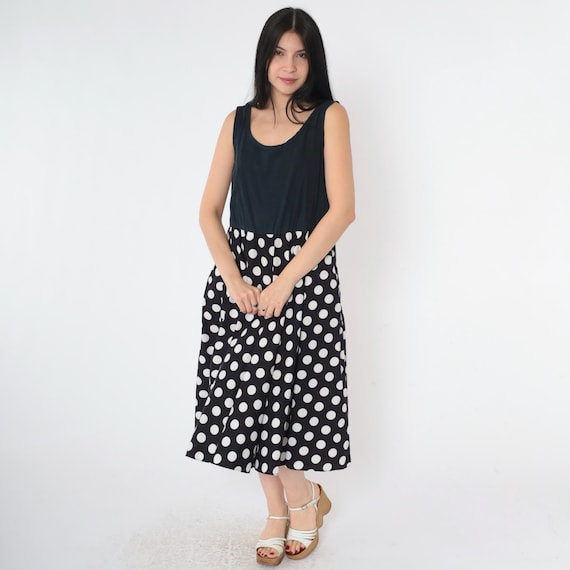 Vintage Black Polka Dot Dress 80s Midi Sleeveless Sundress 1980s High Waisted Simple Summer Sun Dress Scoop Neck Retro Small 4
