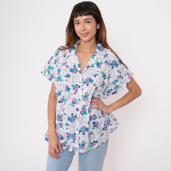 White Floral Blouse 90s Arch Print Button Up Shirt European Architecture Short Sleeve Top 1990s Vintage Bohemian Plus Size 18W