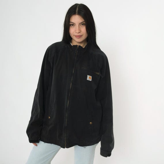 Carhartt J299 Black Work Jacket 2000s Canvas Utility Coat Zip Up Edlin Mesh Lining Oversized Fit Industrial Outerwear Large L