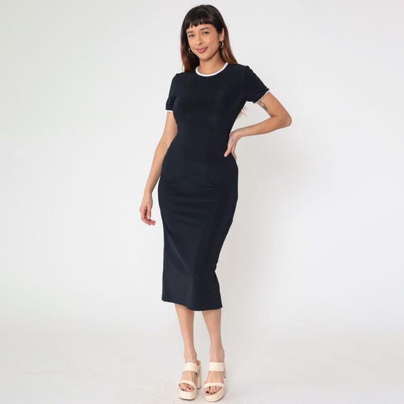 Vintage Black Bodycon Dress 90s White Ringer Neck Midi Party Short Sleeve Scoop Neck Going Out Sheath 1990s Small 5/6