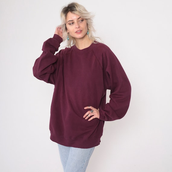 Plum Crewneck Sweatshirt 90s Sweatshirt Purple Raglan Sleeve Distressed Plain Long Sleeve Slouchy 1990s Vintage Sweat Shirt Extra Large xl