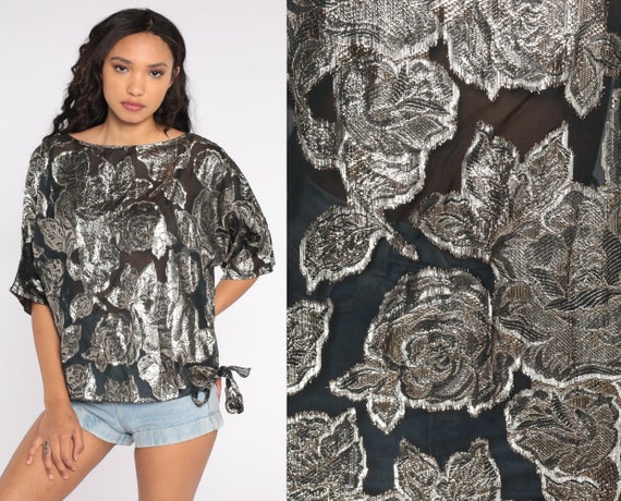 Silver Floral Shirt Metallic Sheer Blouse Rose Pr… - image 1