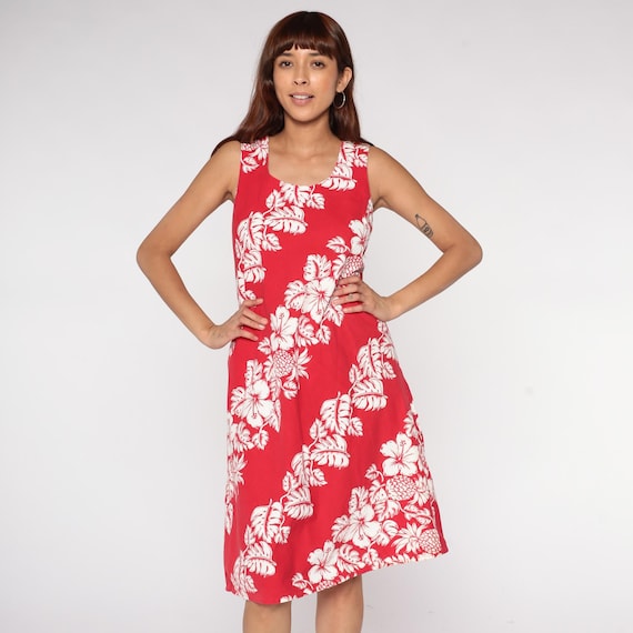 Hawaiian Dress 90s Red Tropical Print Hibiscus Pineapple Sleeveless Summer Vacation Beach Resort Tiki Medium M