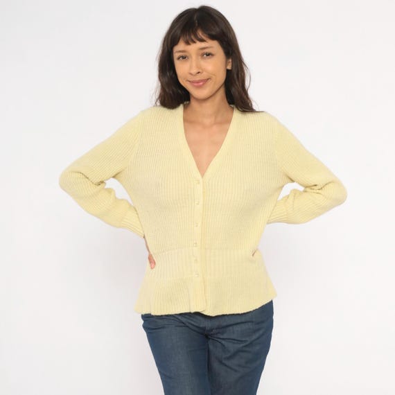 70s Knit Cardigan Sweater V Neck Cream Waist Band Ribbed Cuff Vintage Collegiate Preppy Nerdy Academia Spring Layering Top Women Medium M