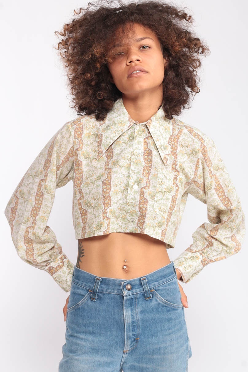 Floral Blouse 70s Boho Crop Top Button Up Shirt Bohemian 1970s Vintage Boho Hippie Romantic Long 
