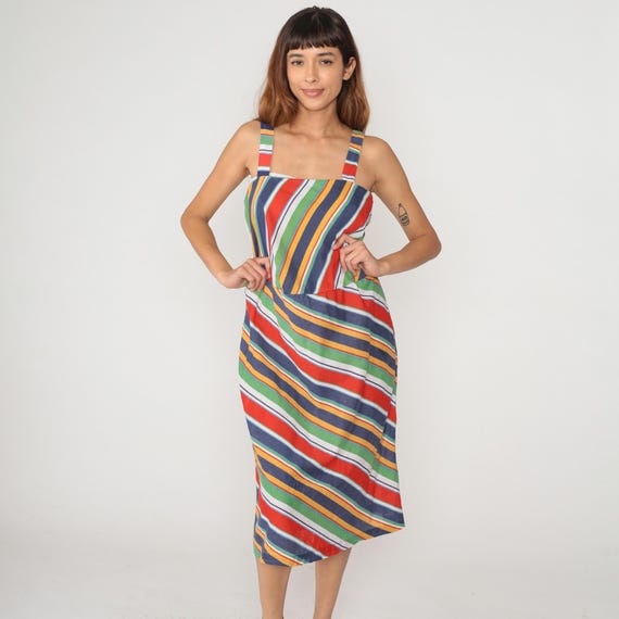 Rainbow Striped Dress 80s Multi Color Sleeveless Sundress Diagonal Geometric Navy Red Green Yellow White Summer Beach Day Vintage Large L